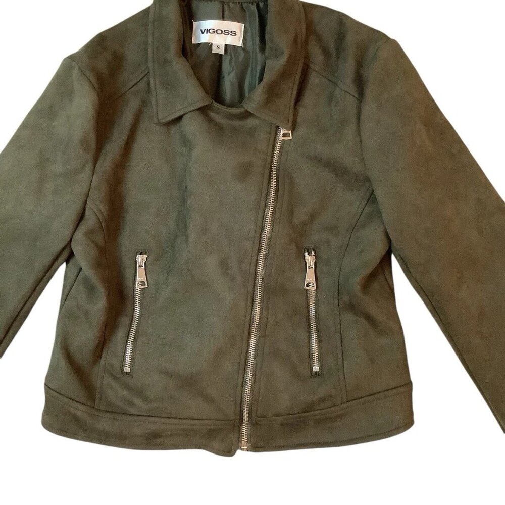 Vigoss Green Suede Moto Full Zip Asymmetrical Crop Jacket Womens Size S - Picture 4 of 10